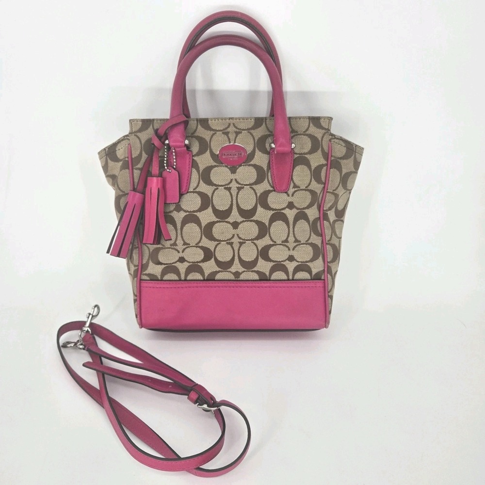 COACH Signature Canvas Carryall Tote Khaki Pink Leather Tassel Crossbody Bag 12"
